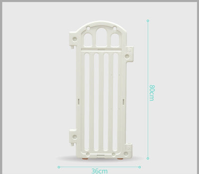 White plastic pet gate panel, 80cm tall by 36cm wide, with vertical slats