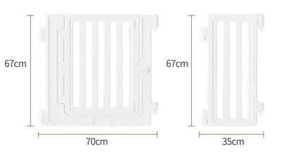 White pet playpen gate and panel set, 67cm tall, widths 70cm and 35cm, on white background