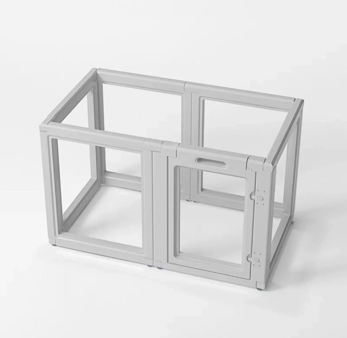 Modern grey plastic pet playpen with gate, spacious indoor pet enclosure