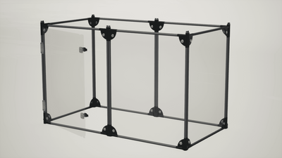 Clear acrylic pet fence with black metal frame and open door, indoor pet enclosure