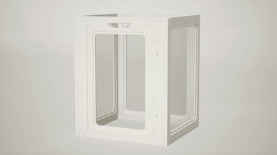 White plastic pet playpen enclosure with transparent panels and door, closed design
