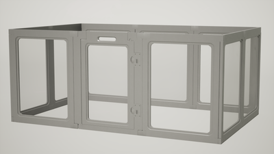 Grey pet playpen enclosure with transparent panels and secure door, indoor pet fence