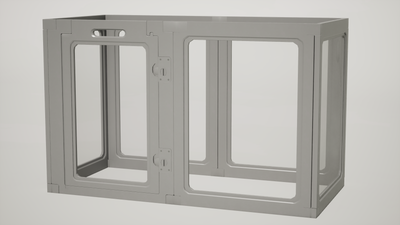 Grey 6-panel indoor pet playpen with transparent panels and secure latches