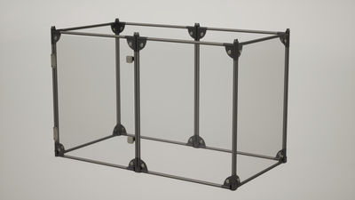 Grey metal and transparent pet playpen with secure panels and corner connectors