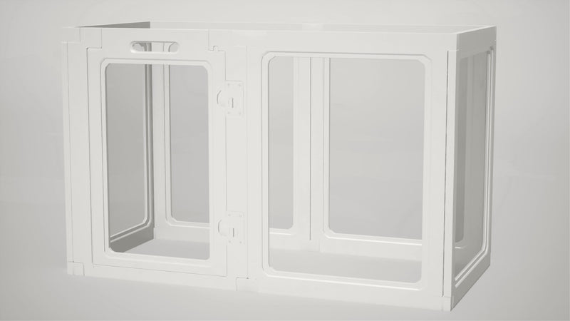 White plastic pet playpen enclosure with clear panels and closed door on a plain background