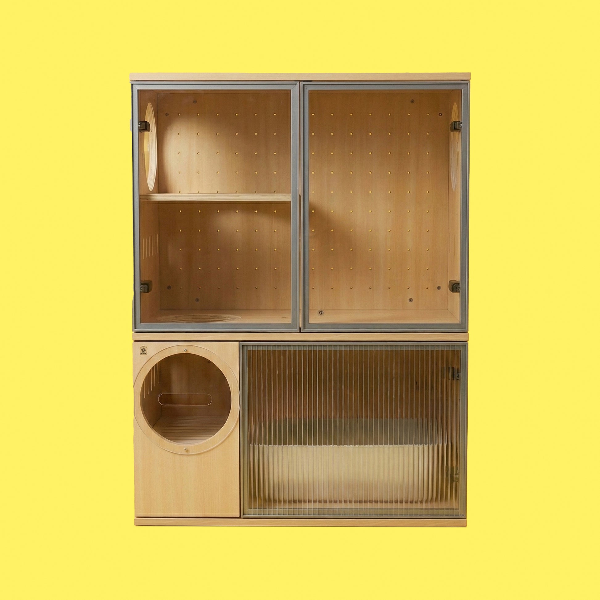 Modern wooden cat boarding suite with glass doors and circular entry, on yellow background