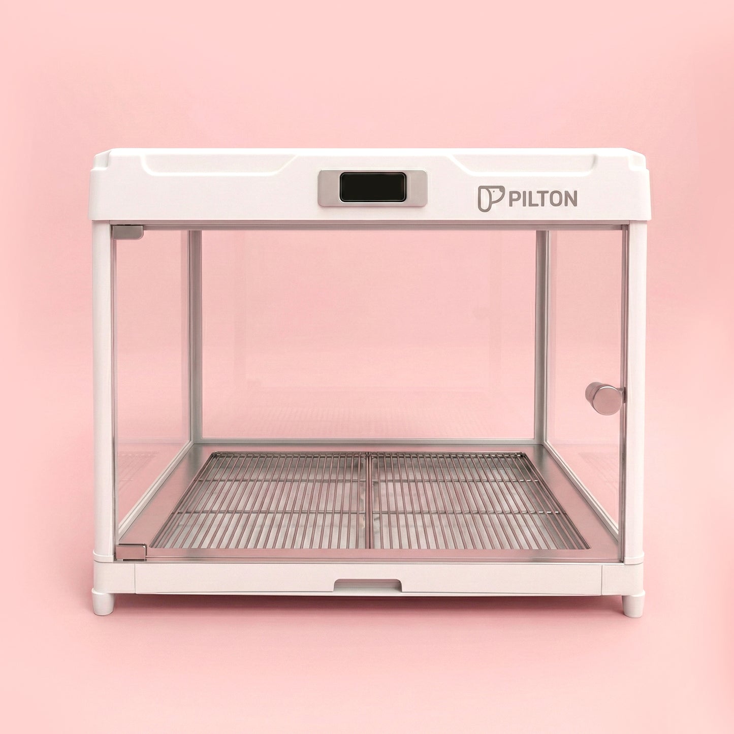 Modern transparent pet cabin with metal floor and white frame, front view on pink background