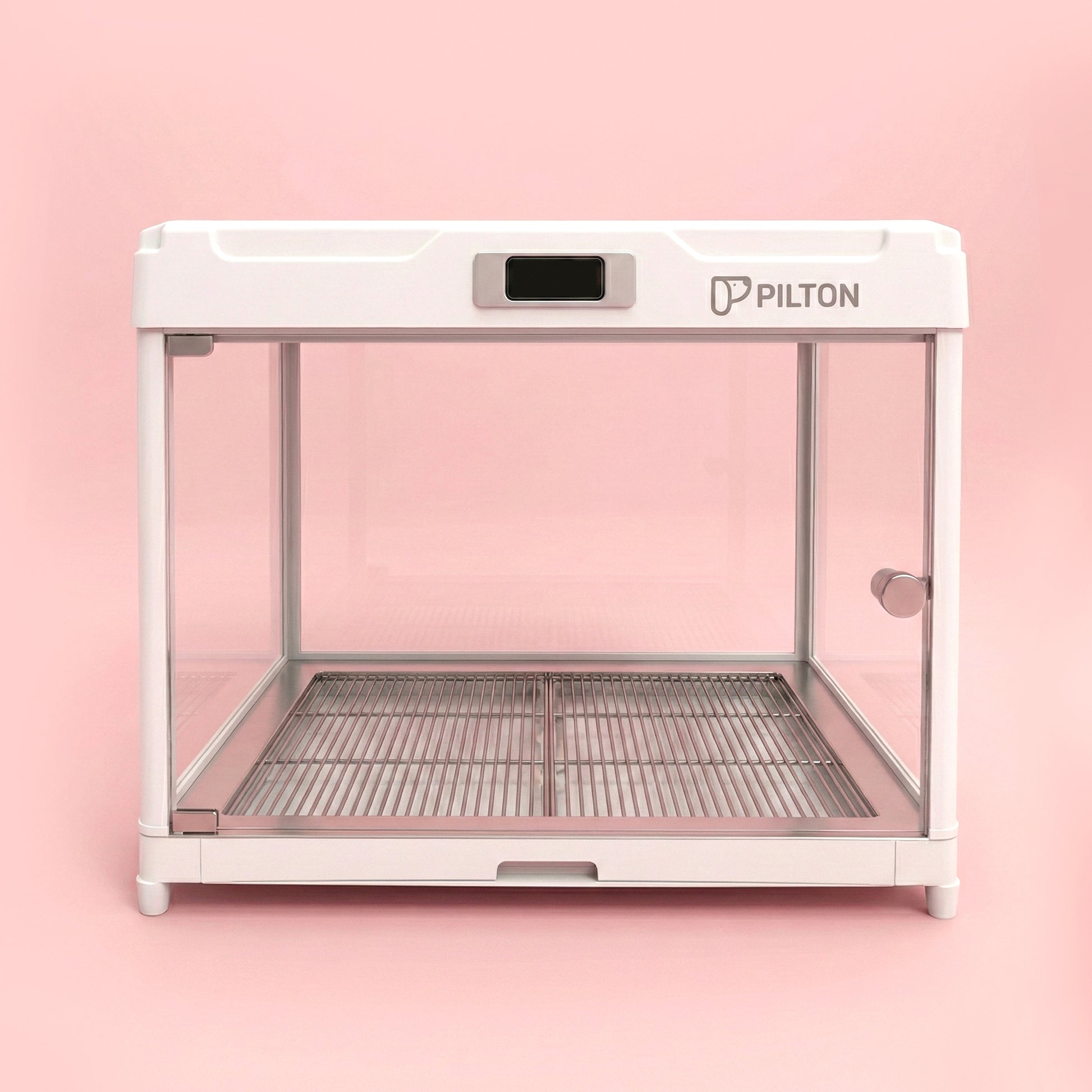Modern transparent pet cabin with metal floor and white frame, front view on pink background