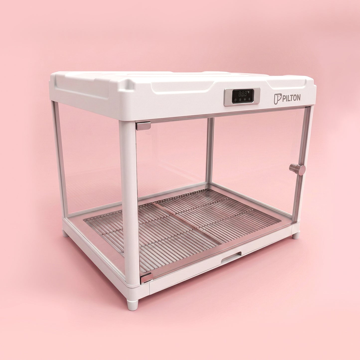 Modern transparent pet cabin with digital control on pink background, ideal for cat boarding