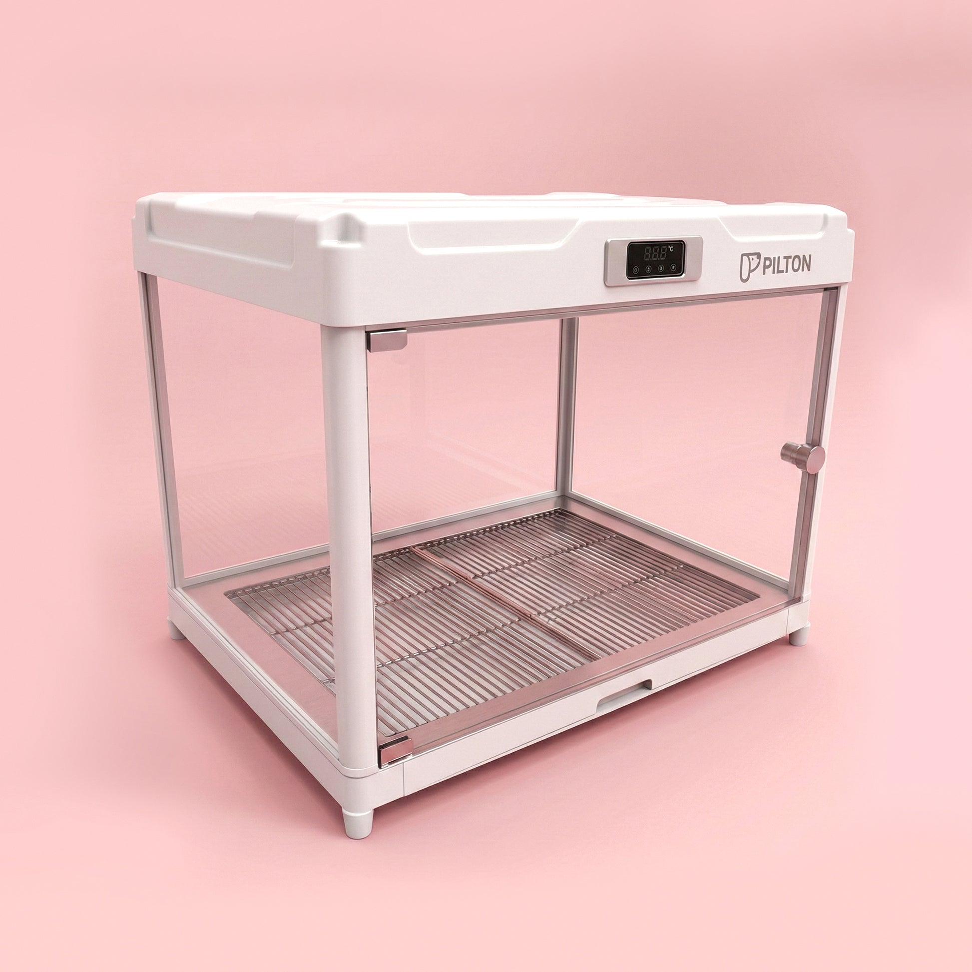 Modern transparent pet cabin with digital control on pink background, ideal for cat boarding