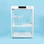 Modern white transparent cat boarding cabin with clear dome and shelf on blue background