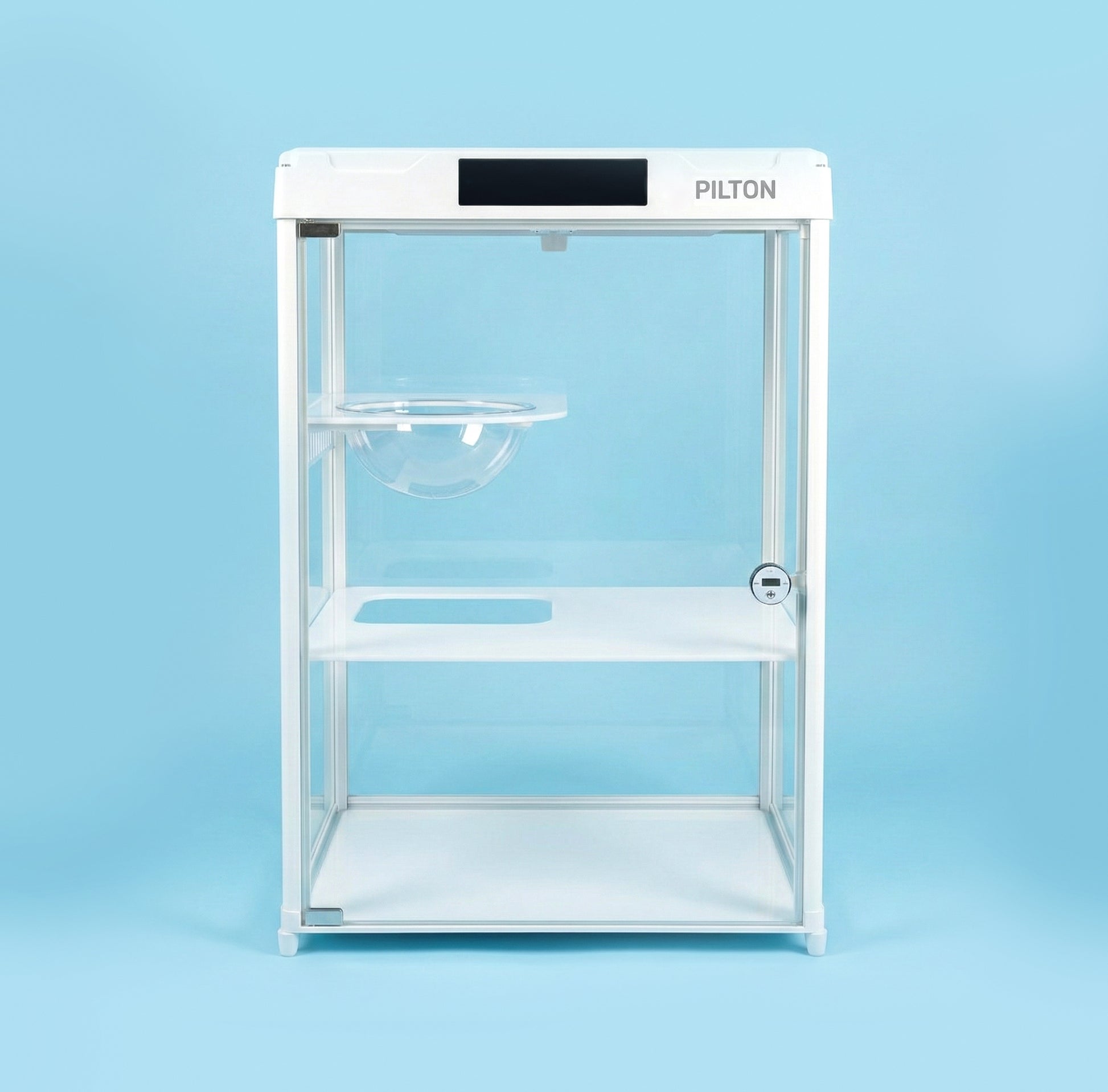 Modern white transparent cat boarding cabin with clear dome and shelf on blue background