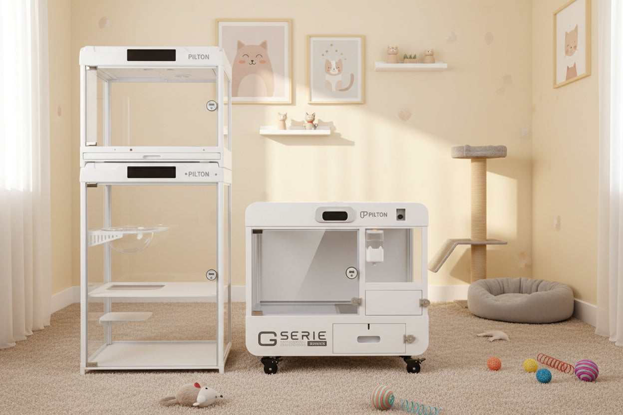 Modern cat boarding cabins and play area with toys, scratch post, and cozy decor